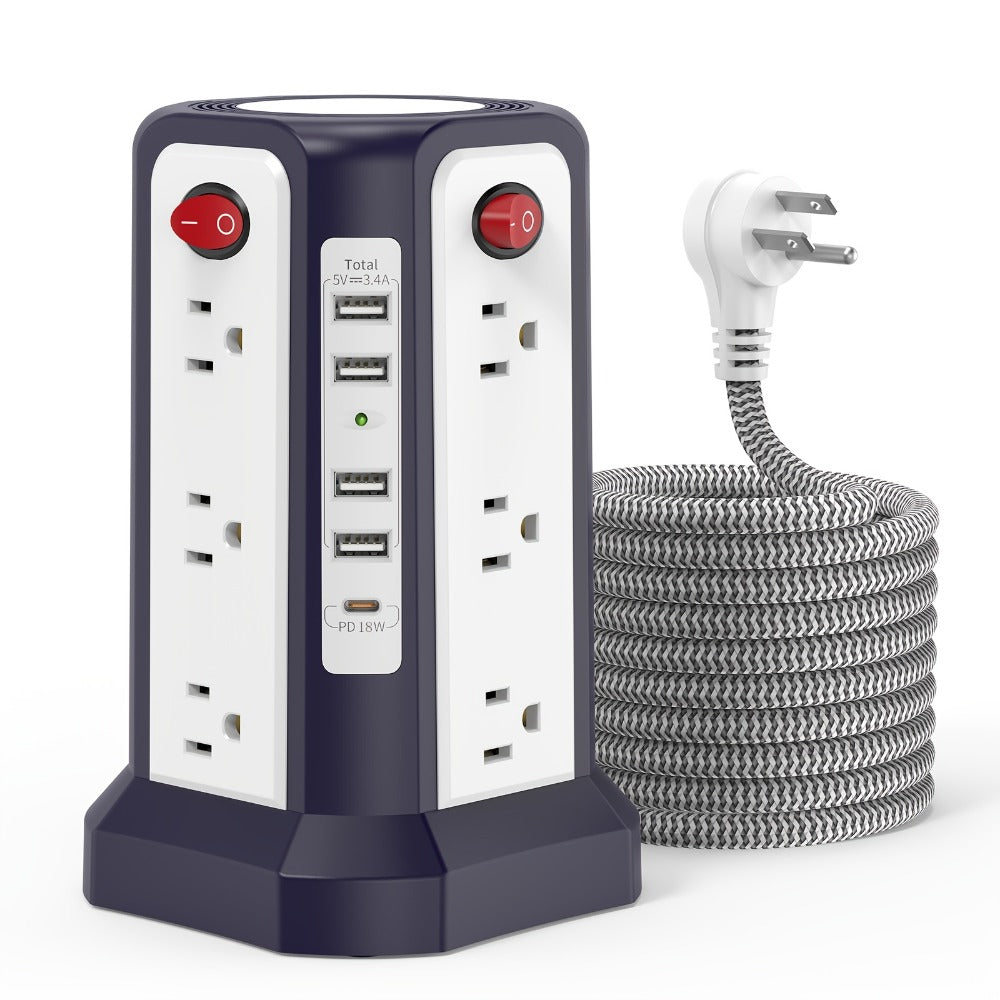 Power Strip Tower Surge Protector 16 AC Outlets 5 USB Ports PD20W USB-C Fast Charging Flat Plug Extension Cord 1500J Overload Protection Desktop Charging Station for Home Office Dorm