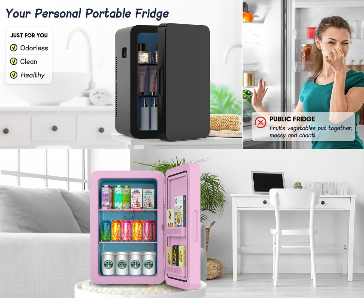 Mini Fridge with Glass Front Door 15.8QT/23.3QT - Portable Cooler and Warmer AC/DC 12V, Small Refrigerator for Bedroom, Office Desk, Car, Dorm, Skincare, Beauty & Makeup, 4 Colors