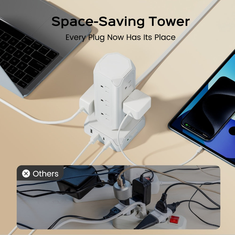 Power Strip Tower 16-in-1 Surge Protector 12 AC Outlets 4 USB Ports USB-C PD20W 1800J Protection Desktop Charging Station 10ft or 15ft Extension Cord for Office School Dorm White