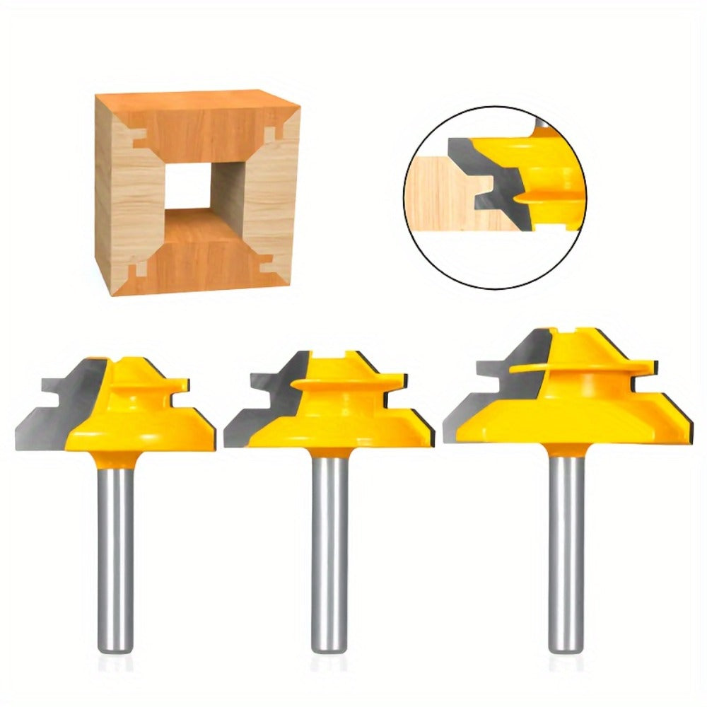Locking Miter Router Bit Set 3 Piece 45 Degree 1/4 Inch Shank Carbide Woodworking Joinery Box Joint Corner Bits for Router Table