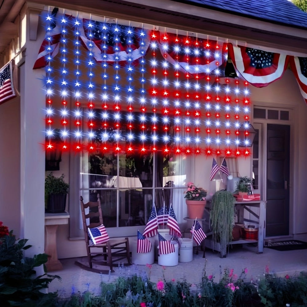 American Flag LED Curtain Lights 242 LEDs USB Powered, 4th of July Patriotic Decorations for Home Porch Garden Courtyard, Independence Day National Holiday Indoor Decor for Mall, Store, Coffee Shop Display