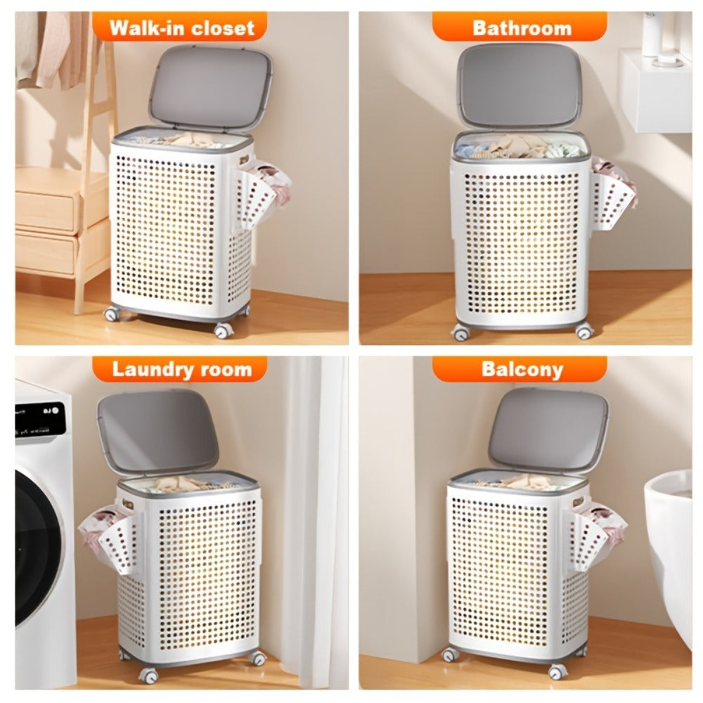 Rolling Laundry Basket with Lid and Wheels ¨C Large Foldable Ventilated Storage Bin with Lockable Casters, Removable Inner Basket for Underwear, Space-Saving Clothes Hamper for Bedroom & Bathroom