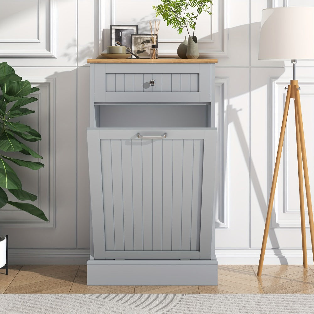 Tilt Out Trash Cabinet Freestanding Kitchen Garbage Cabinet with Cutting Board & Drawer ¨C Wood Hideaway Recycling Station, Fits 10 Gal, Black/White