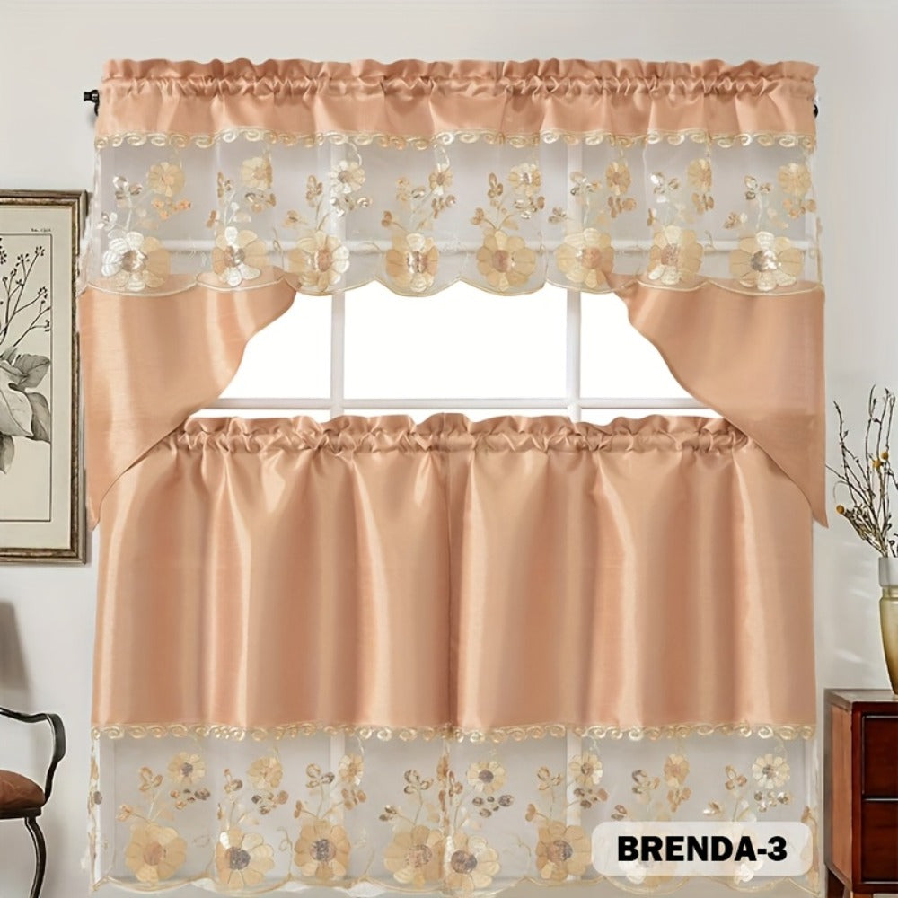 Kitchen Curtains 3 Piece Set Embroidered Satin Valance and Tiers - Rod Pocket Light Filtering Machine Washable 46 Colors Available All Season Home Decor