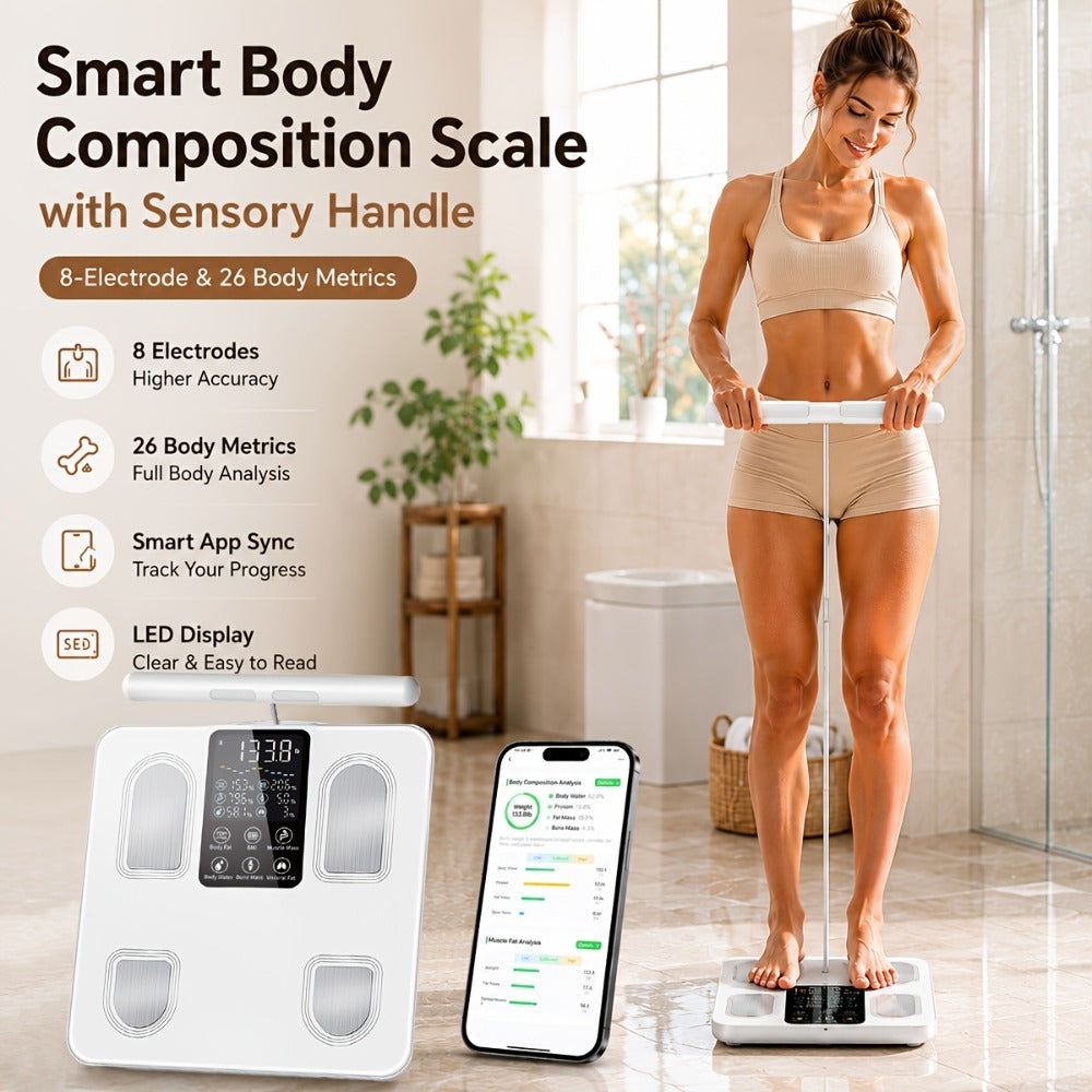 Smart Body Fat Scale with Handle, 8-Electrode Full Body Composition Analyzer, BMI Muscle Mass Monitor, Digital Weight Scale with APP Sync & LED Display for Home Gym Fitness Tracking