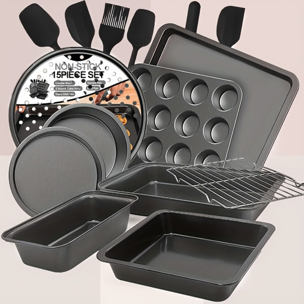 Nonstick Bakeware Set with Cooling Rack Cookie Sheet Cake Pans Loaf Muffin Pizza Pan Oven Safe Baking Pans Set for Kitchen 6 14 15 Piece