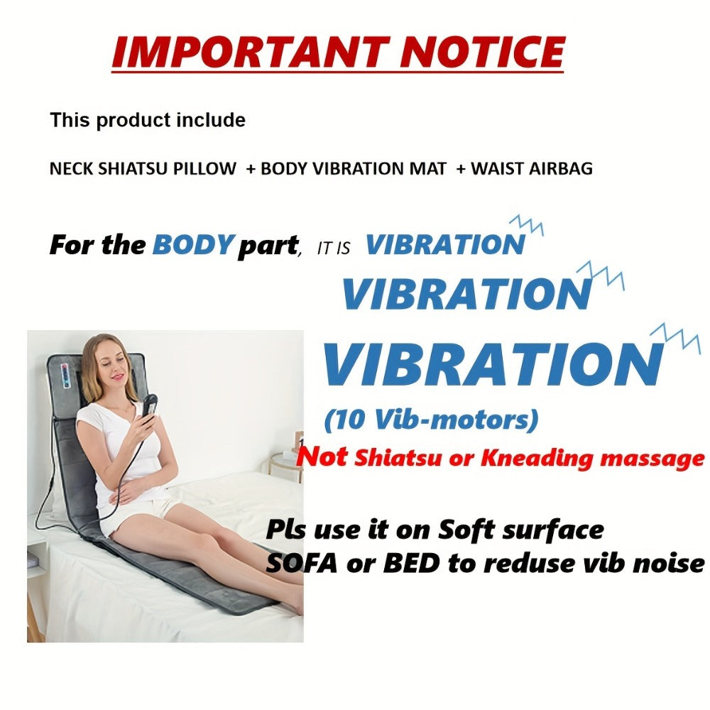 Full Body Shiatsu Massage Mattress ¨C 10-Zone Vibration with Neck Kneading & Hot Compress, 12V Safety Voltage Massage Mat for Back Neck & Waist Relief, Home Relaxation Gift for Men Women