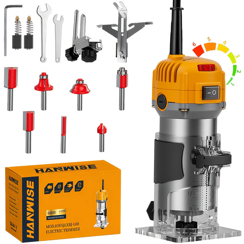 Wood Router Edge Trimmer 800W 6.1Amp Compact Hand Router Tool 35000RPM with Variable Speed, 1/4¡± Collet, Router Bit Set for Woodworking Slotting Carving Edge Treatment DIY Projects