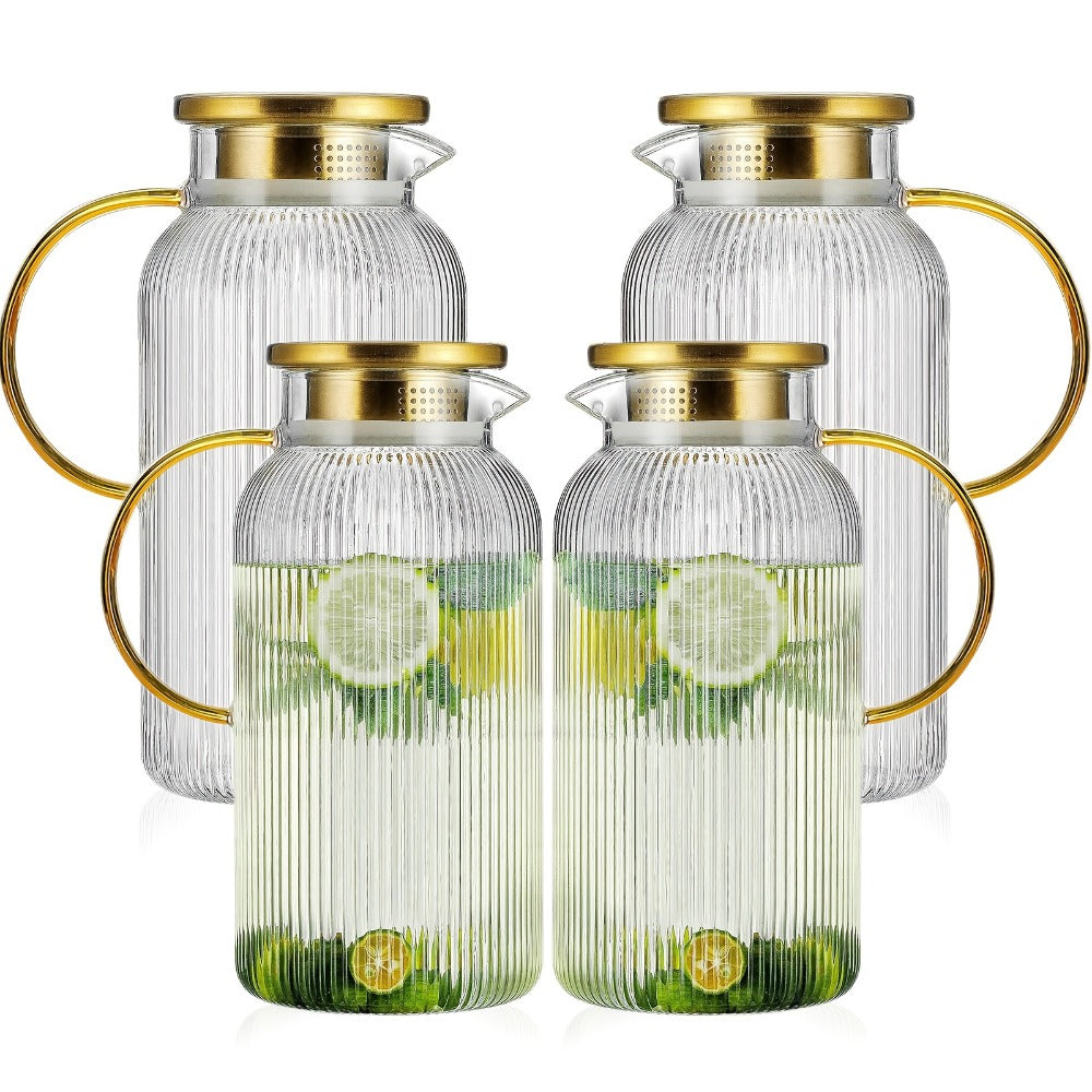 Glass Pitcher with Stainless Steel Lid 68oz 2 Liter Borosilicate Water Pitcher Carafe for Cold Brew, Lemonade, Iced Tea & Milk ¨C Heat Resistant, 2 or 4 Pack