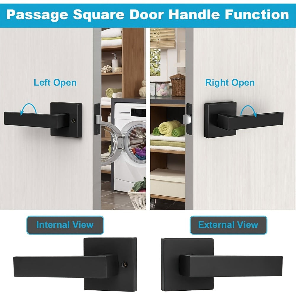 Matte Black Square Door Handle Set ¨C Interior Passage Door Knob for Hall & Closet, Heavy-Duty Left & Right Hand Compatible, Modern Hardware