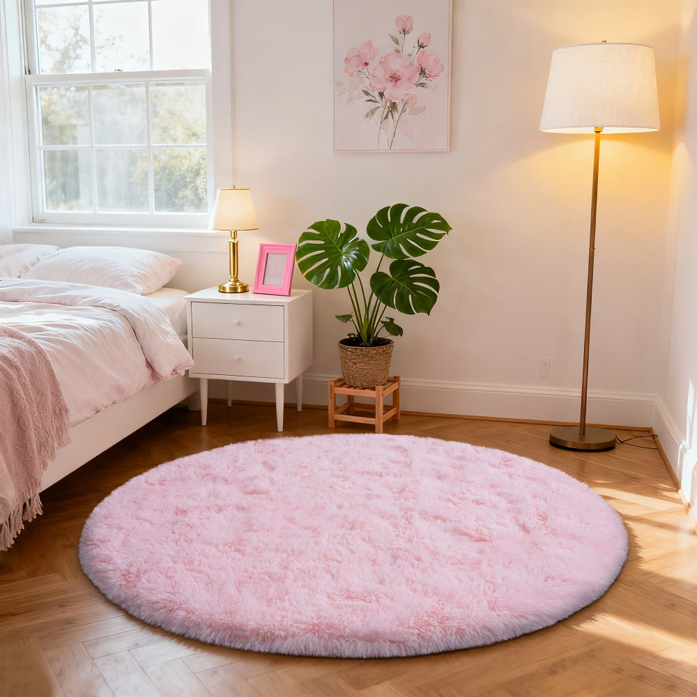 Round Area Rug 6x6ft Ultra Soft Plush with Non-Slip Backing | Light Pink Fluffy Circle Rug for Living Room Bedroom | Hand Washable Indoor Accent Rug for Home Decor Holidays Camping 70.8x70.8 Inch