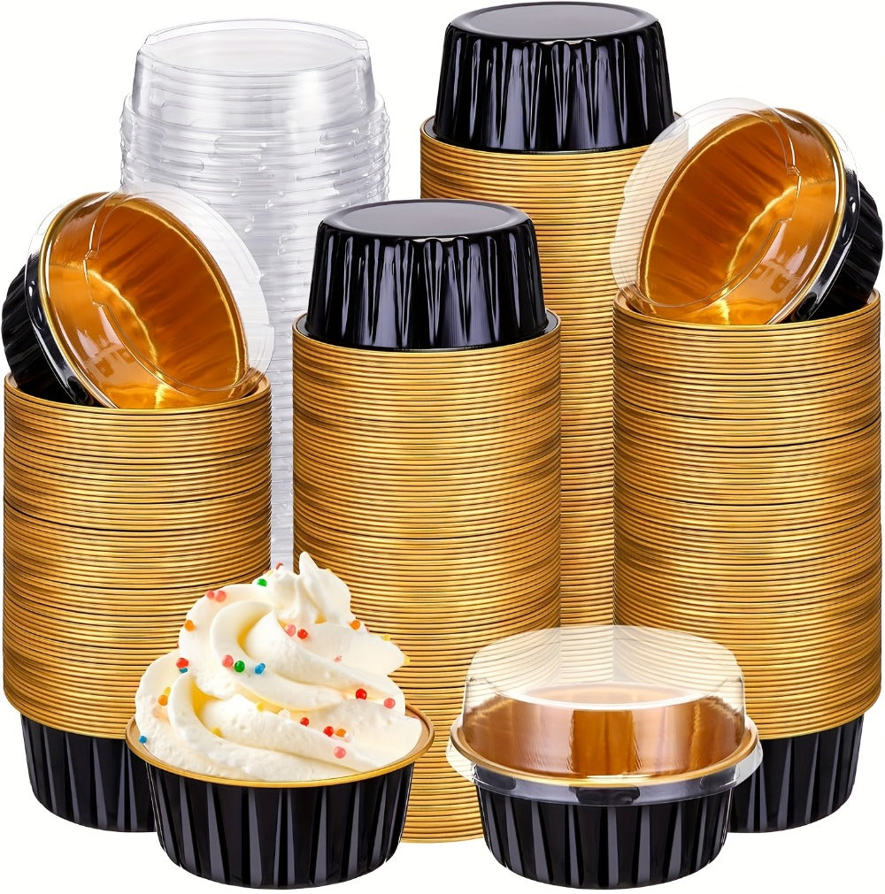 Aluminum Foil Baking Cups with Lids, Disposable Cupcake Molds with Spoons, Oven Safe Foil Dessert Cups for Pudding Muffins Mousse, Party Baking Supplies for Weddings Birthdays, 30 or 50 Sets