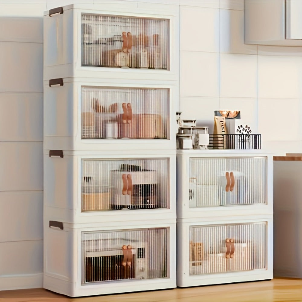 Plastic Storage Box with Wheels and Door Foldable - Large Capacity Rolling Storage Container with Layers for Bedroom, Kitchen, Living Room, Closet Organizer, 56CM Wide