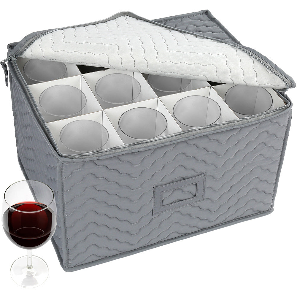 Wine Glass Storage Case 12-Compartment Quilted Stemware Box with Dividers 15.5x12.5x10 Inch Gray