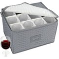 Wine Glass Storage Case 12-Compartment Quilted Stemware Box with Dividers 15.5x12.5x10 Inch Gray
