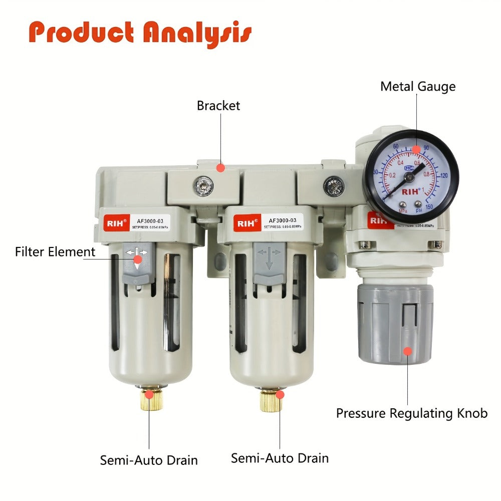 Air Filter Regulator Combo AC3110-03 High Pressure Compressed Air Source Treatment Unit - FRL Combination Filter Regulator Lubricator for Industrial Commercial Pneumatic Systems, Purifies & Regulates Air