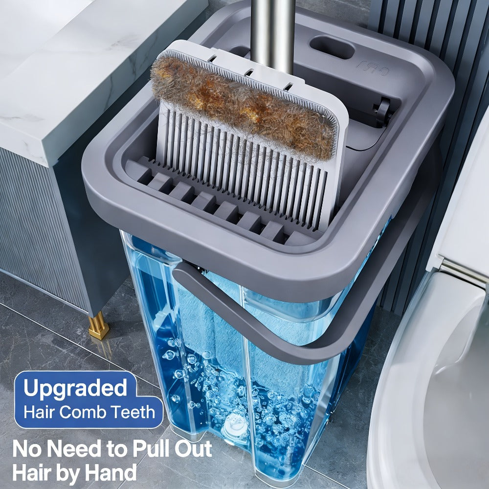 Hands-Free Flat Mop with Bucket Set ¨C 8pcs, 6 Microfiber Pads & Gloves, Dry & Wet Floor Cleaning for Bedroom, Kitchen & Bathroom