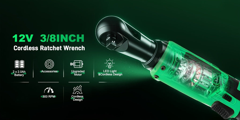 12V Cordless Ratchet Wrench Set 3/8¡± Drive | 40 Ft-lbs Torque, Variable Speed Trigger, Lithium-Ion Battery, 7 Sockets Included