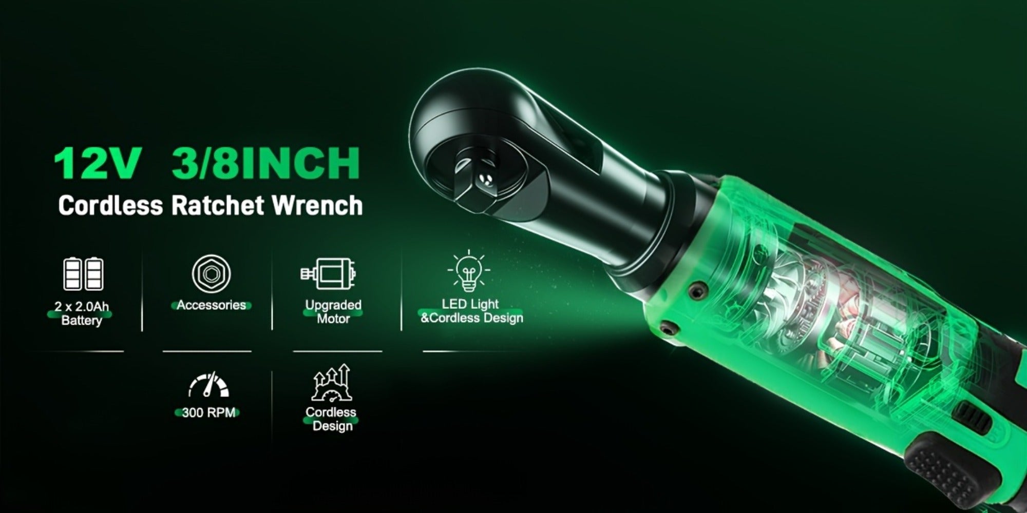 12V Cordless Ratchet Wrench Set 3/8¡± Drive | 40 Ft-lbs Torque, Variable Speed Trigger, Lithium-Ion Battery, 7 Sockets Included
