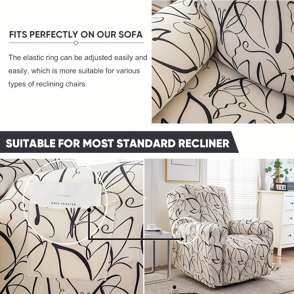 Recliner Slipcover 4pcs Extra Large with Pocket - Spandex Stretch Four Seasons Furniture Protector | Botanical Geometric Prints | Living Room Home Decor Sofa Chair Cover