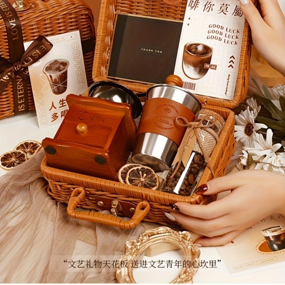 Manual Coffee Grinder Hand Grinder with 304 Stainless Steel Burr, Portable Square Coffee Mill for Travel, Camping, Office & Food Truck, Vintage & Brown Pipe Style, Perfect Coffee Gift Set