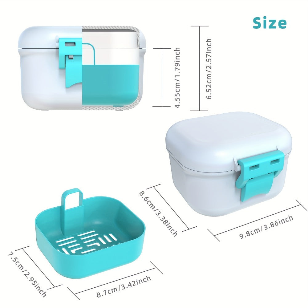 Denture Bath Case Leak-Proof with Drainage Basket Silicone Ring Safety Buckle Portable Travel Denture Cleaner Soaking Cup Storage Container for Home Travel