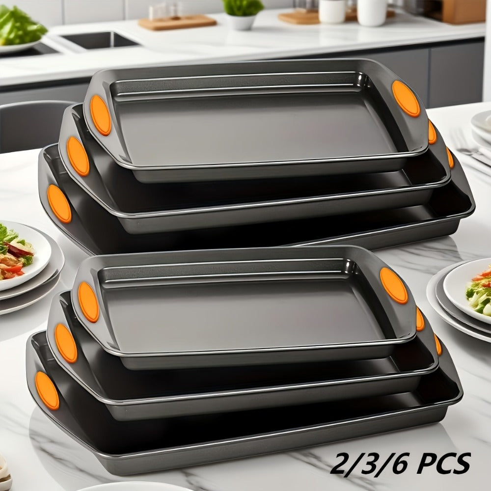 Nonstick Baking Sheet Set with Silicone Handles, Carbon Steel Cookie Sheet Pan Set in Assorted Sizes, Stackable Bakeware for Baking Roasting, Heavy Duty Oven Pans with Orange Handles, 2-Piece or 6-Piece