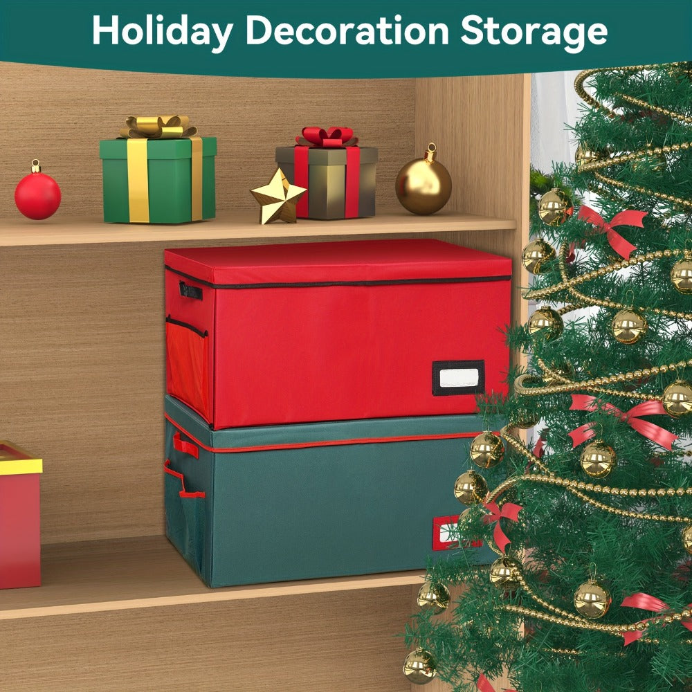Christmas Ornament Storage Box 128 Slots 8 Trays Stackable Large Capacity Holiday Organizer with Lid Side Open Adjustable Dividers Removable Trays Red Green
