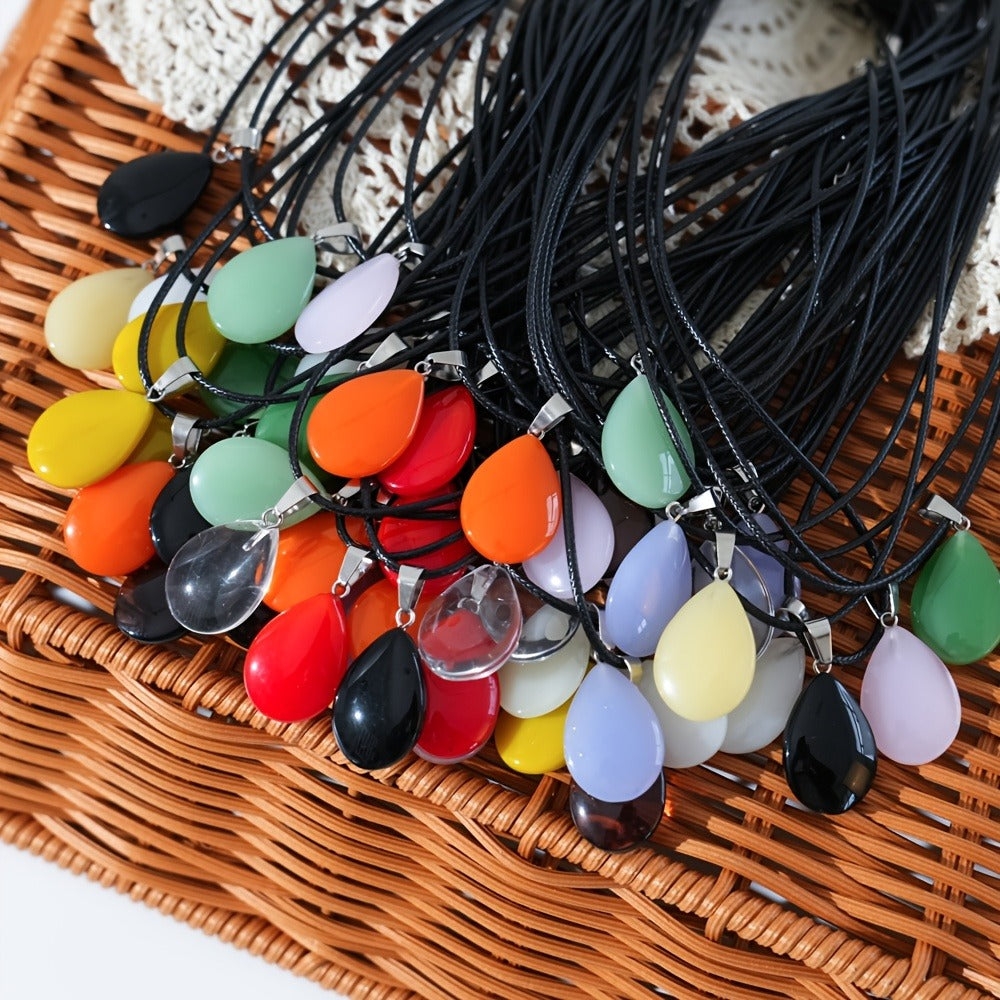 Crystal Pendant Necklace Set 40-Pack ¨C Multicolor Water Droplet Artificial Crystal Pendants with Faux Leather Cord, Fashionable Chic Jewelry for Festival, Party & Everyday Wear, Gift Idea