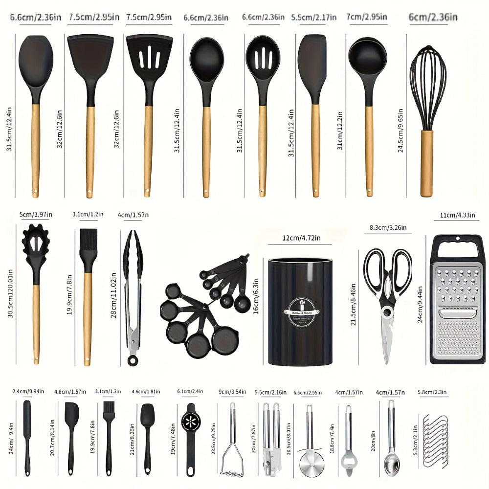 Silicone Kitchen Utensils Set 45pcs ¨C Cooking Utensils for Nonstick Cookware, Stainless Steel Handle Spatulas, Heat Resistant Kitchen Gadgets & Tools, Pots and Pans Accessories, Black