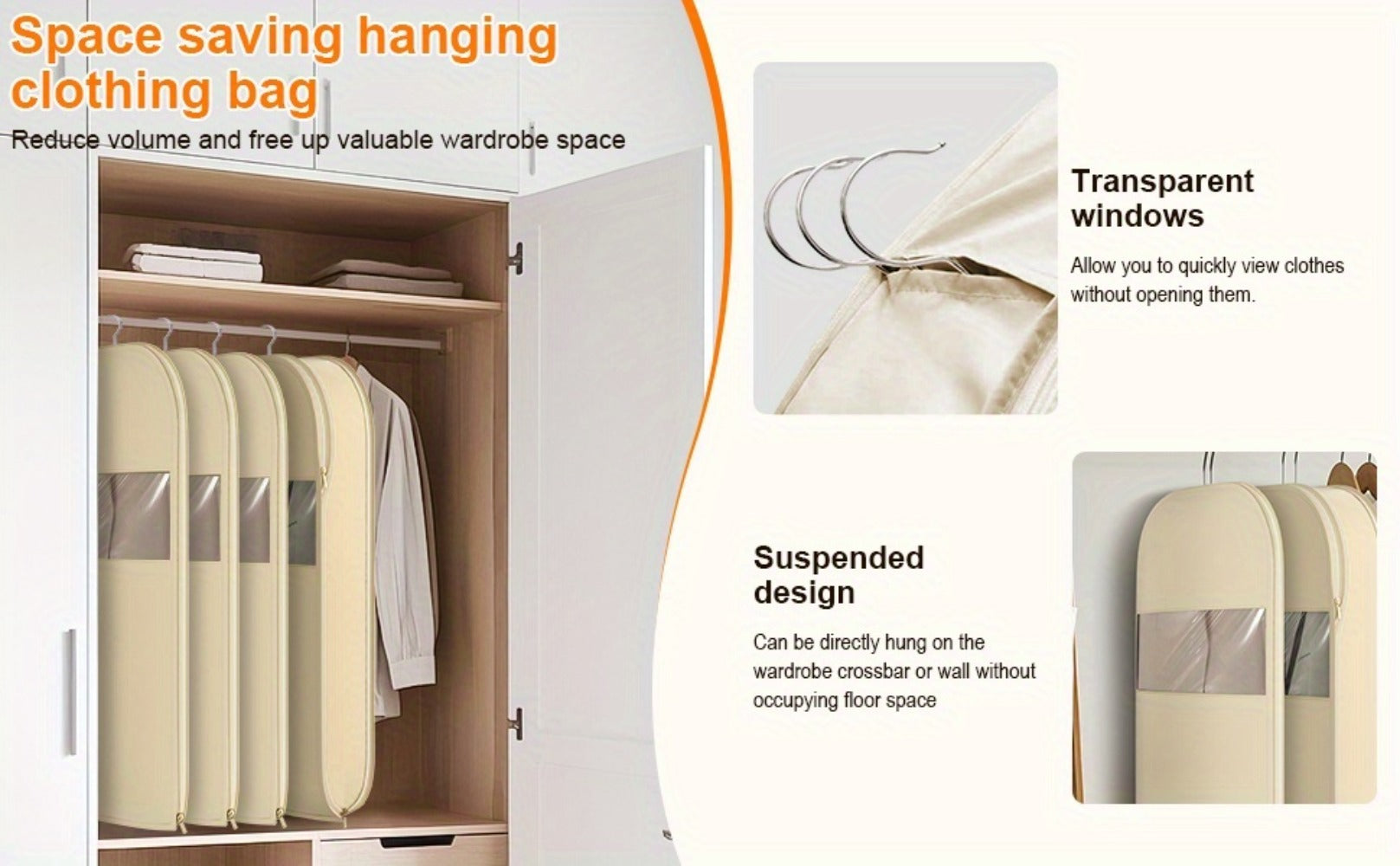 Hanging Garment Bag with Compression Zipper Space Saving Dustproof Clothes Storage Bag with Self Compression Zip Technology for Suits Dresses Coats Closet Wardrobe Organization Beige
