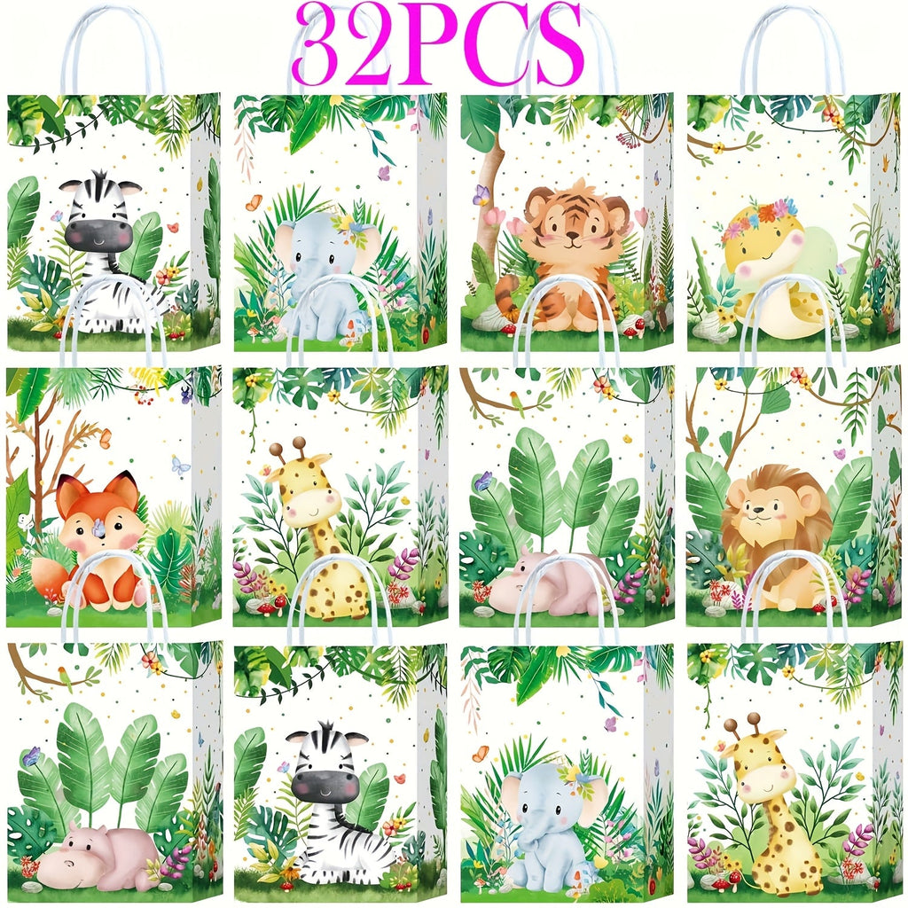 Party Favor Bags Safari Animals Jungle Theme Woodland Print Paper Goodie Bags with Handles for Kids Birthday Party Candy Gift Bags 8 Styles 16 or 32 Pack