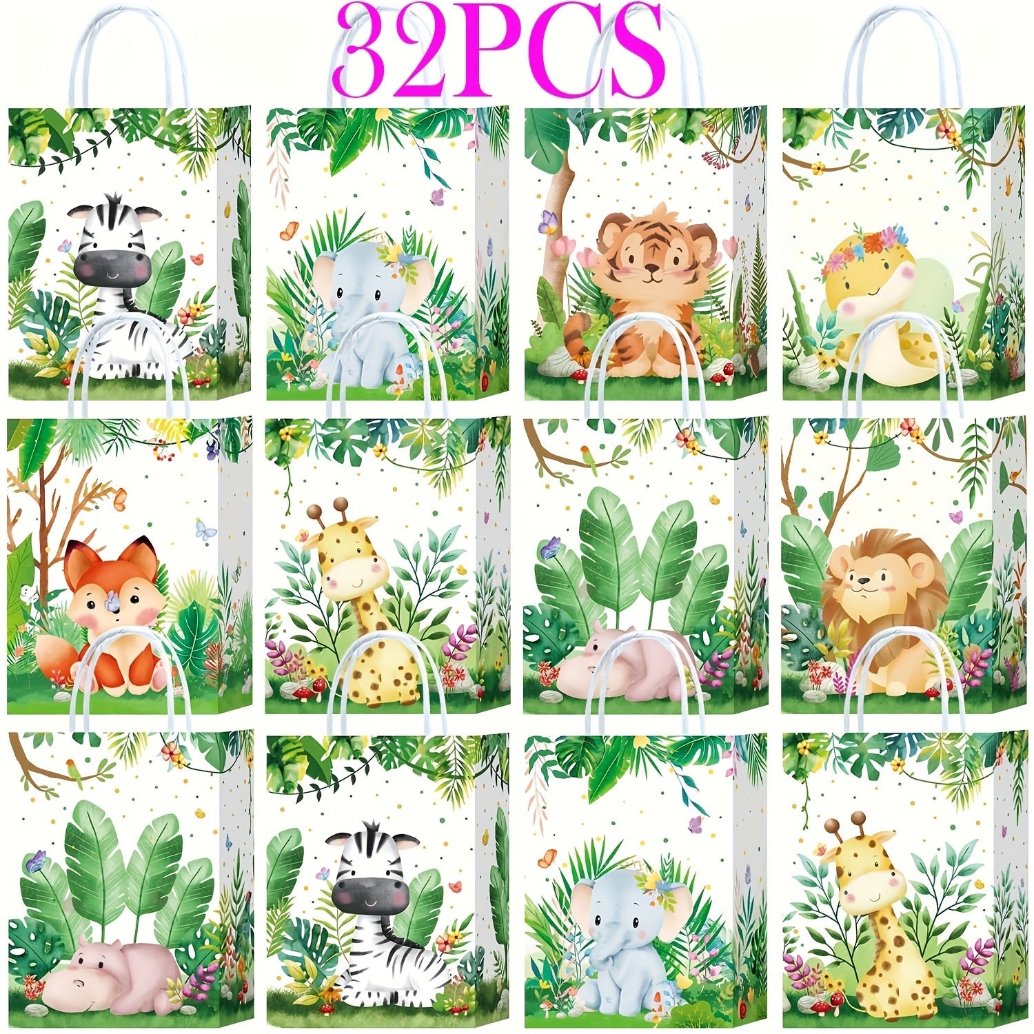 Party Favor Bags Safari Animals Jungle Theme Woodland Print Paper Goodie Bags with Handles for Kids Birthday Party Candy Gift Bags 8 Styles 16 or 32 Pack