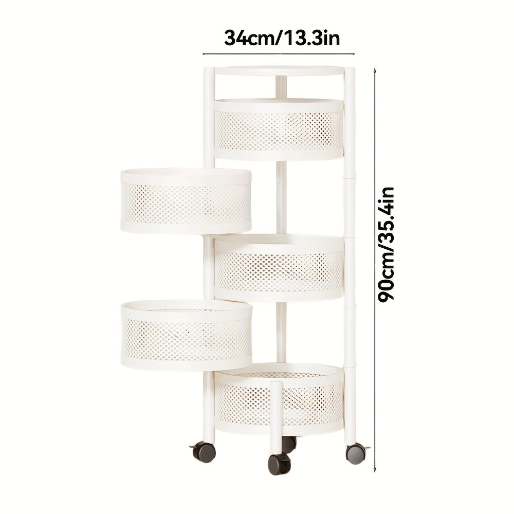 Rotating Storage Rack Multi-Tier Rolling Cart ¨C 360¡ã Swivel Round Floor Standing Organizer with 4 or 5 Layers, Vegetable Basket & File Rack for Kitchen, Bathroom, Office & Living Room (Black / White)