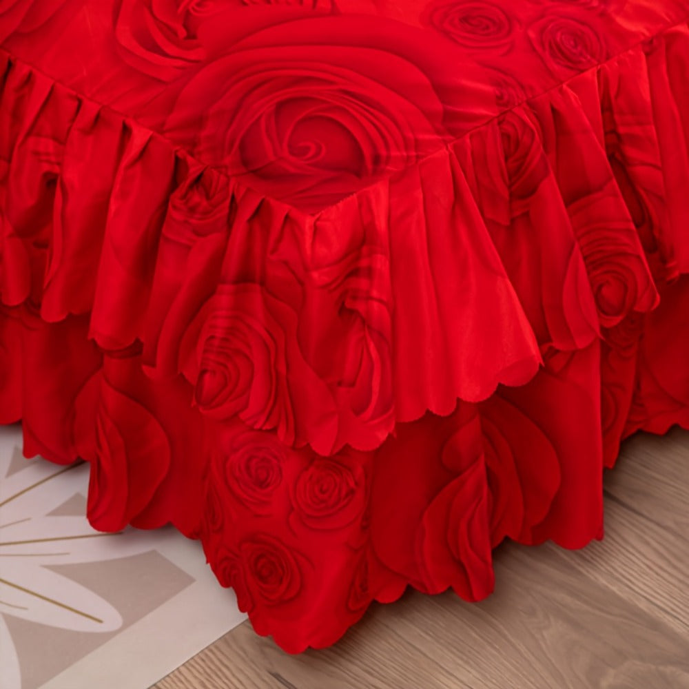 Floral Bed Skirt Set 3-Piece ¨C 1 Ruffled Dust Ruffle Bed Skirt + 2 Pillowcases | Peony & Botanical Print | Double-Layer Hem | Machine Washable Polyester Bedding | 150, 180 & 200cm