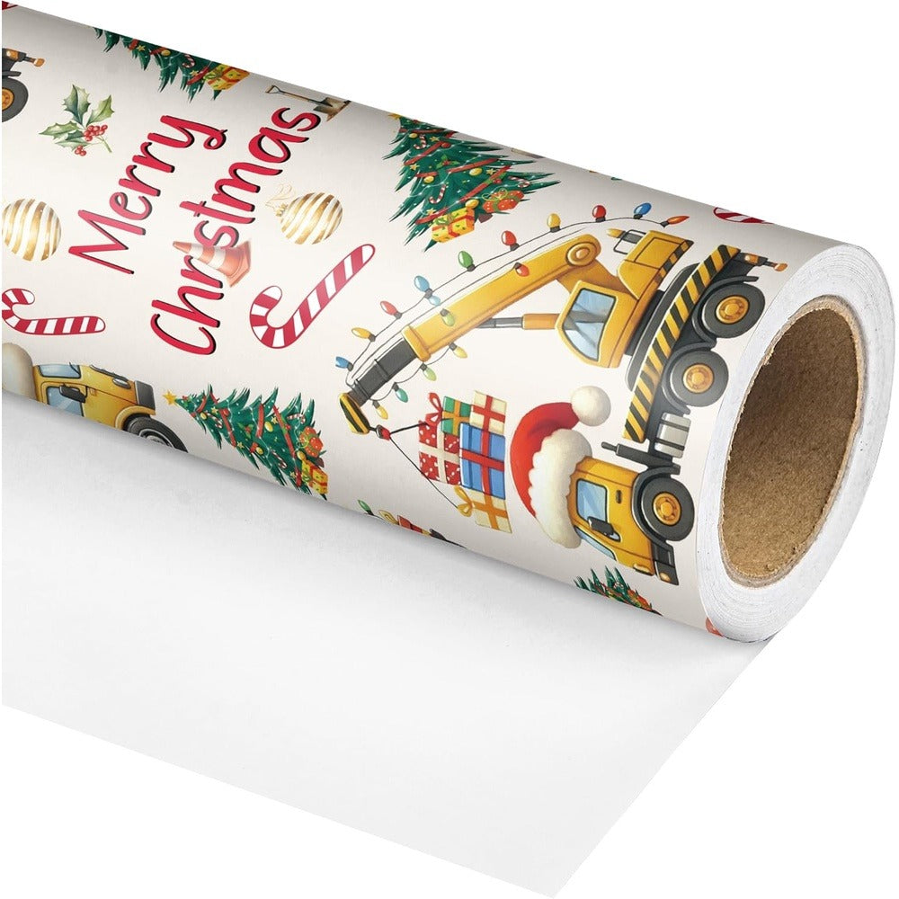 Christmas Wrapping Paper Construction Vehicles - Dump Trucks Excavators Tractors Gift Wrap for Boys Girls, 58¡±x23¡± Roll (28.5 Sq Ft)