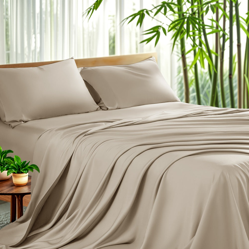 Bamboo Sheet Set 4pcs Cooling Deep Pocket Wrinkle Resistant Bedding All-Season Fitted Flat Sheet 2 Pillowcases Gift Box