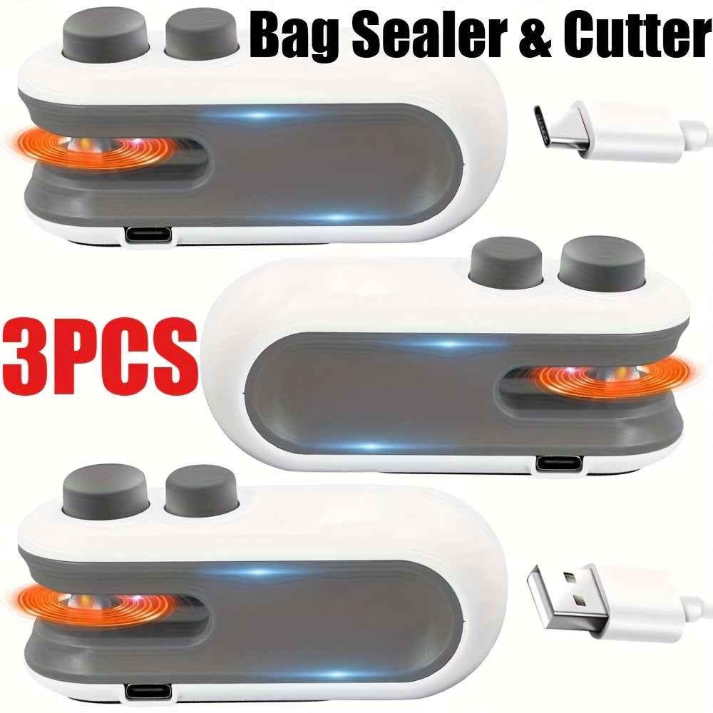 Bag Sealer Handheld Heat Sealer 3-Pack ¨C USB-C Rechargeable 2-in-1 Magnetic Food Sealer with Cutter, Snack Bag Resealer for Plastic Bags, Kitchen Food Freshness, Home & Outdoor Use