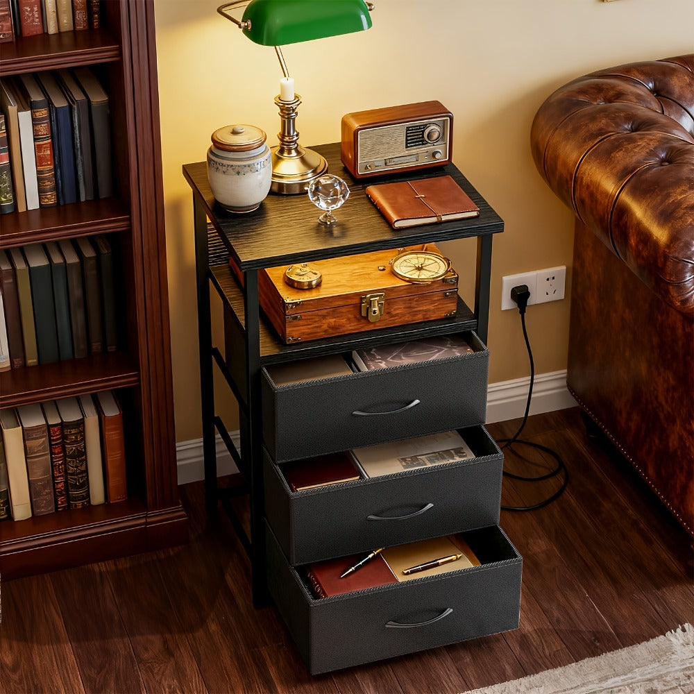 Nightstand with Charging Station & USB Port | 3-Drawer Bedside Table with LED Light, Heavy Duty End Table for Bedroom, Dorm & Small Spaces