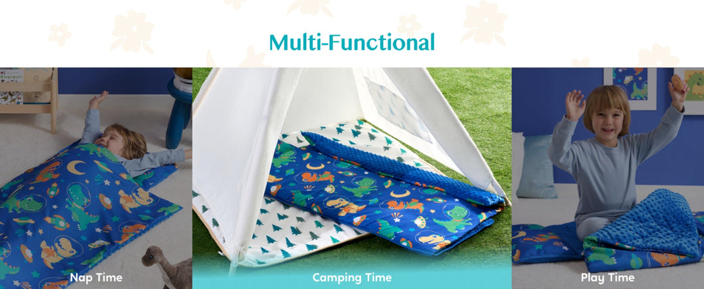 Kids Nap Mat with Removable Pillow & Minky Blanket - Soft Roll-Up Sleeping Bag for Boys Girls, Blue Dinosaur Design, Preschool Kindergarten Daycare Sleepover, Ages 3+, 55''x30''