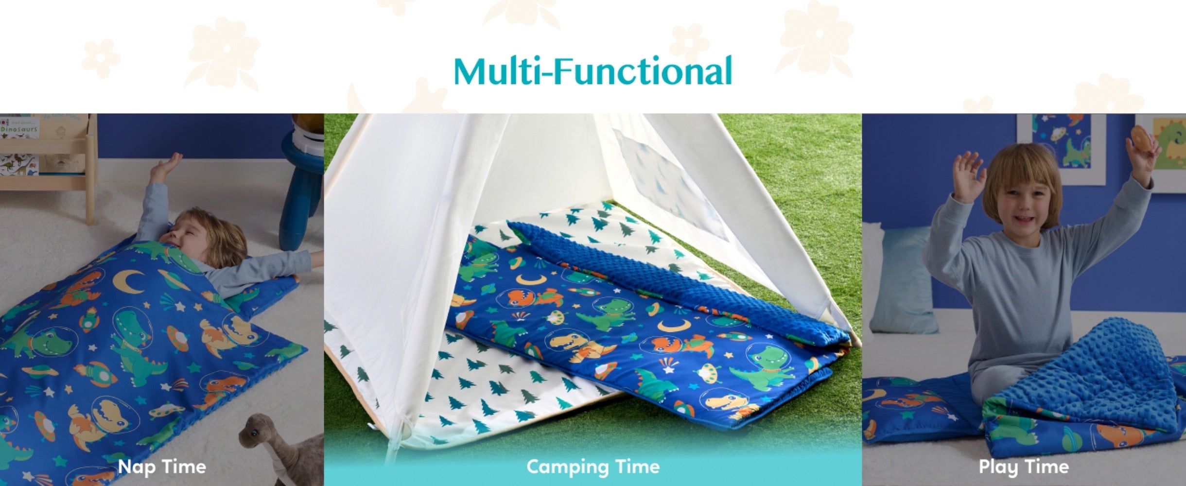 Kids Nap Mat with Removable Pillow & Minky Blanket - Soft Roll-Up Sleeping Bag for Boys Girls, Blue Dinosaur Design, Preschool Kindergarten Daycare Sleepover, Ages 3+, 55''x30''