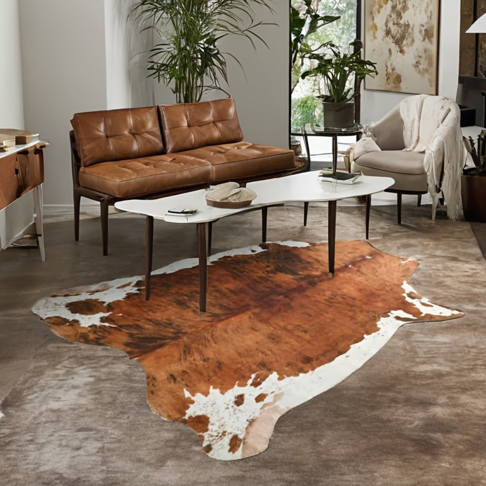 Faux Cowhide Rug Brown Western Style Area Carpet | Non-Slip Suede Backing | 5.2¡Á4.6 & 6.2¡Á5.2 Ft | Living Room Bedroom Office