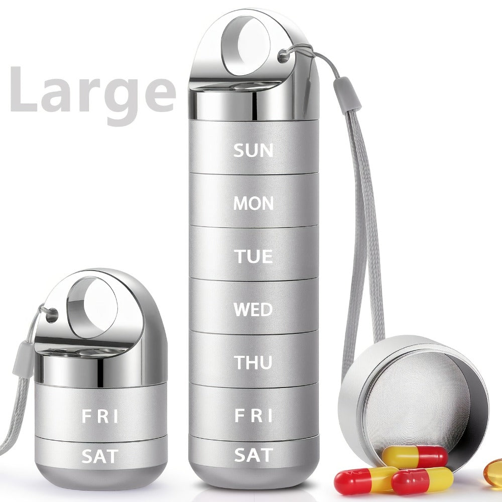 Weekly Pill Organizer Waterproof, Large Aluminum Alloy 7-Day Pill Box for Medications Vitamins Supplements, Portable Travel Pill Case, Blue Black Pink Gray Purple