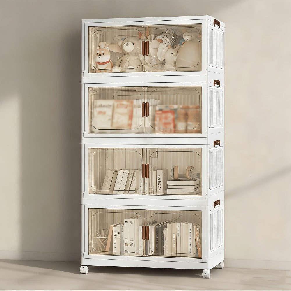 Stackable Foldable Storage Cabinet with Door ¨C PP Plastic 1/2/3/4/5 Layer Organizer Box with Wheels & Cover | Dual-Access Home Storage for Clothes, Books, Snacks & Kitchen Supplies | Office & Garage