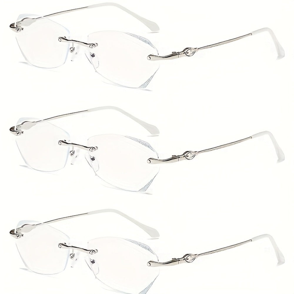 Rimless Reading Glasses for Women 3 Pack - Blue Light Blocking Lightweight Metal Frameless Readers with Anti Eyestrain Lenses, Multiple Colors and Magnifications 1.0X to 4.0X