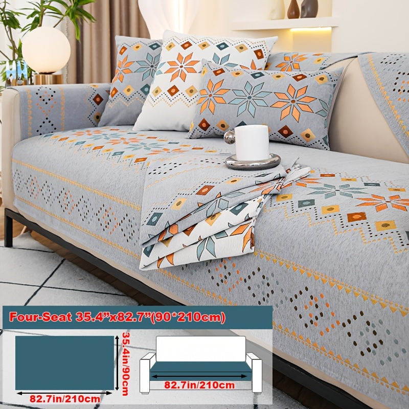 Chenille Sofa Cover Bohemian Style Jacquard Knit Anti-Slip Pet Friendly All Season Sofa Mat Protector - Single 2 3 4 Seater Armrest Backrest Pillow Case Grey White Yellow