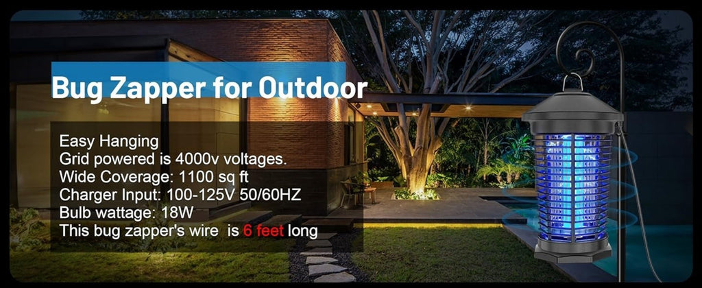 Bug Zapper Electric Indoor Outdoor ¨C 4000V High Voltage UV 365nm 18W Mosquito Killer Fly Zapper with 6ft Cord, ABS Fireproof Safety Housing, Removable Tray & Cleaning Brush for Backyard Patio Garden Camping ¨C Black