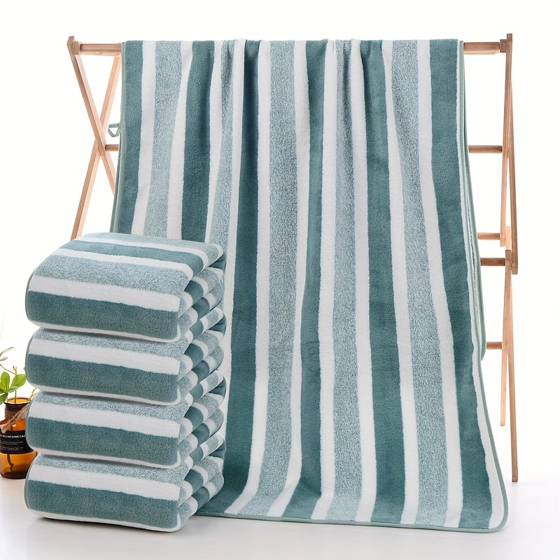 Striped Bath Towel Set 1 or 4 Pack 346GSM - 100% Polyester Super Soft Skin Friendly Absorbent Quick Dry | 70x140cm 27.6x55.1in | Green Gray Red Multi-Color | Home Bathroom Beach Essentials