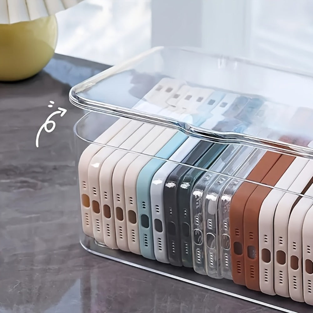 Clear Acrylic Desktop Organizer with Lid - Phone Case Storage Basket for Home Office Desk Organization