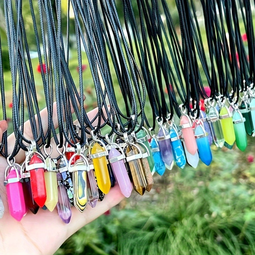 Crystal Natural Stone Pendant Necklace Set Bulk 60Pcs 30Sets Hexagonal Shaped Assorted Color for Jewelry Making Craft DIY Daily Wear Gift